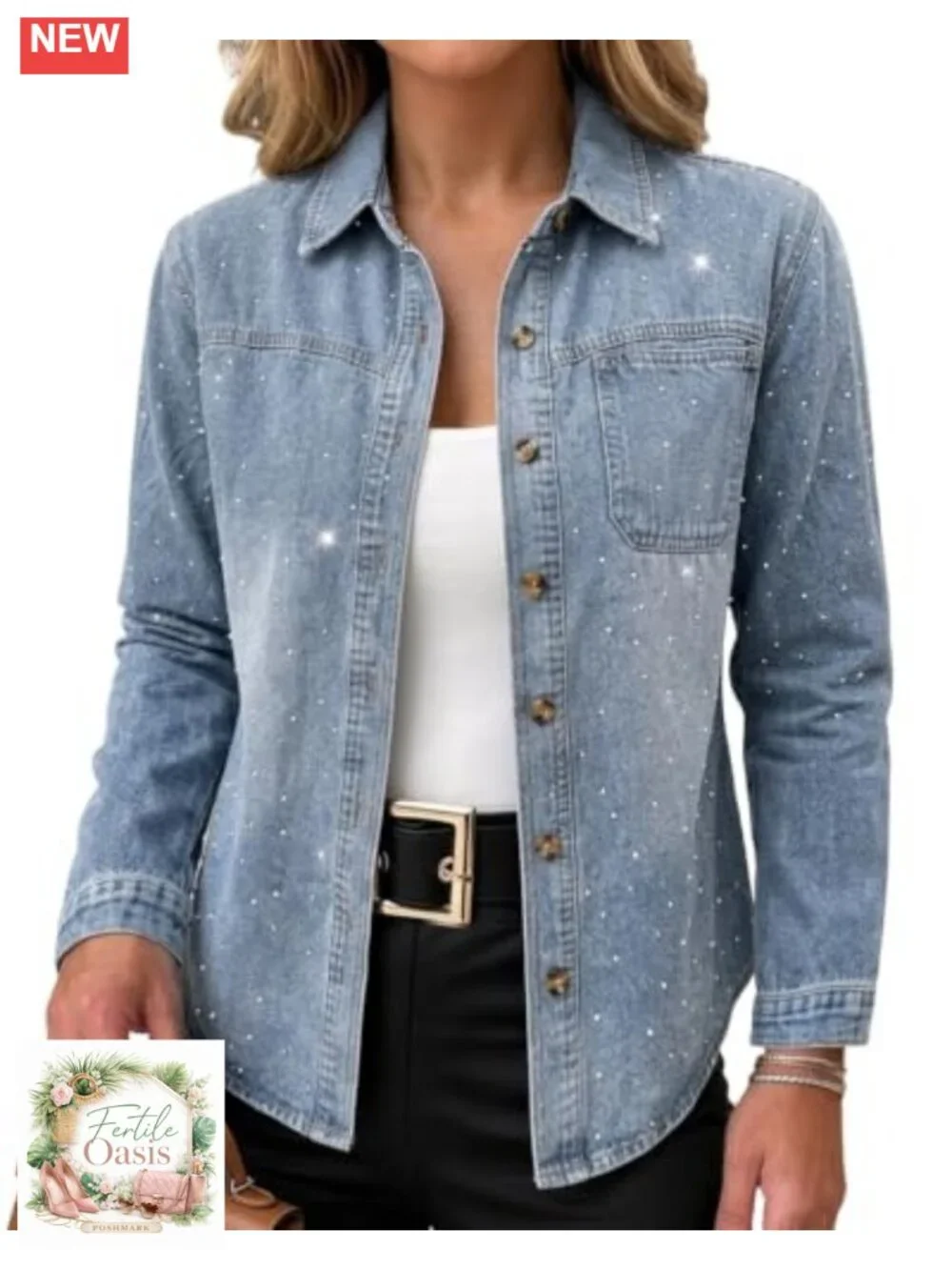 Rhinestone Washed Denim Shacket Oversized Long Sleeve Button Down Jacket
